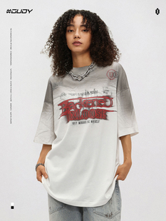 OVDY官方美式 男t恤复古印花高街oversize上衣潮 小众渐变喷漆短袖