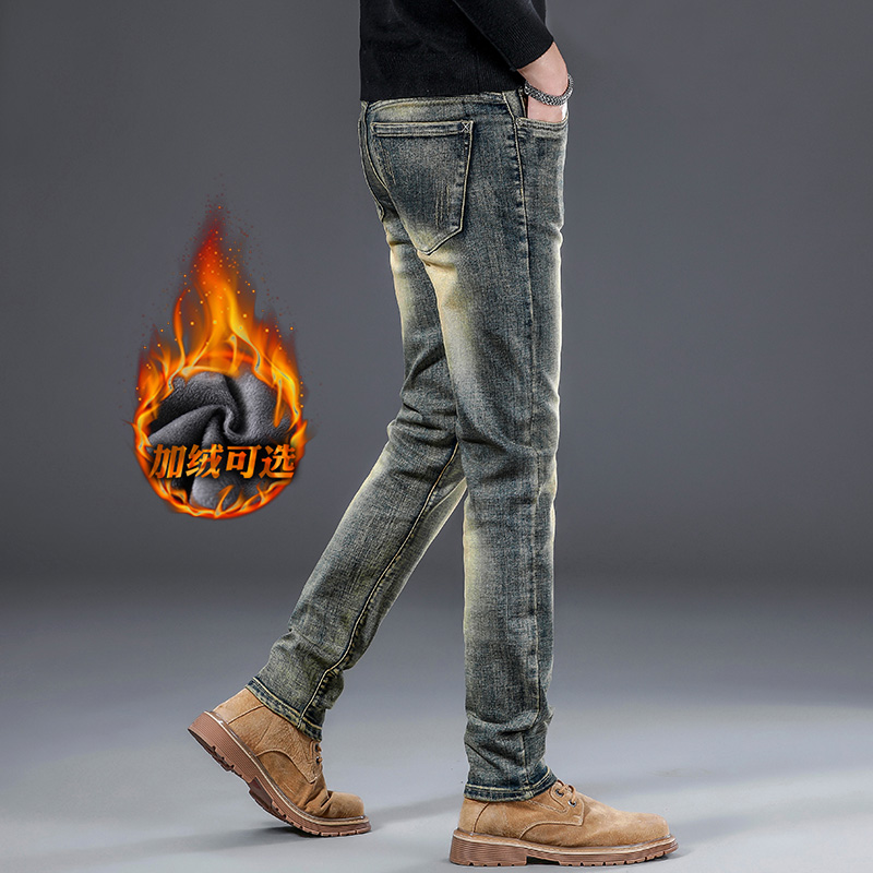 加绒牛仔裤男春秋新款修身直筒裤