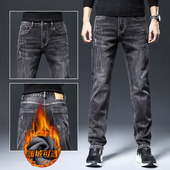 男宽松直筒男士 男裤 黑色裤 纯棉牛仔裤 子冬季 新款 加绒加厚休闲长裤