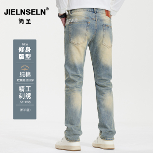 修身 刺绣直筒裤 版 男潮牌新款 子 纯棉弹力牛仔裤 JIELNSELN简圣
