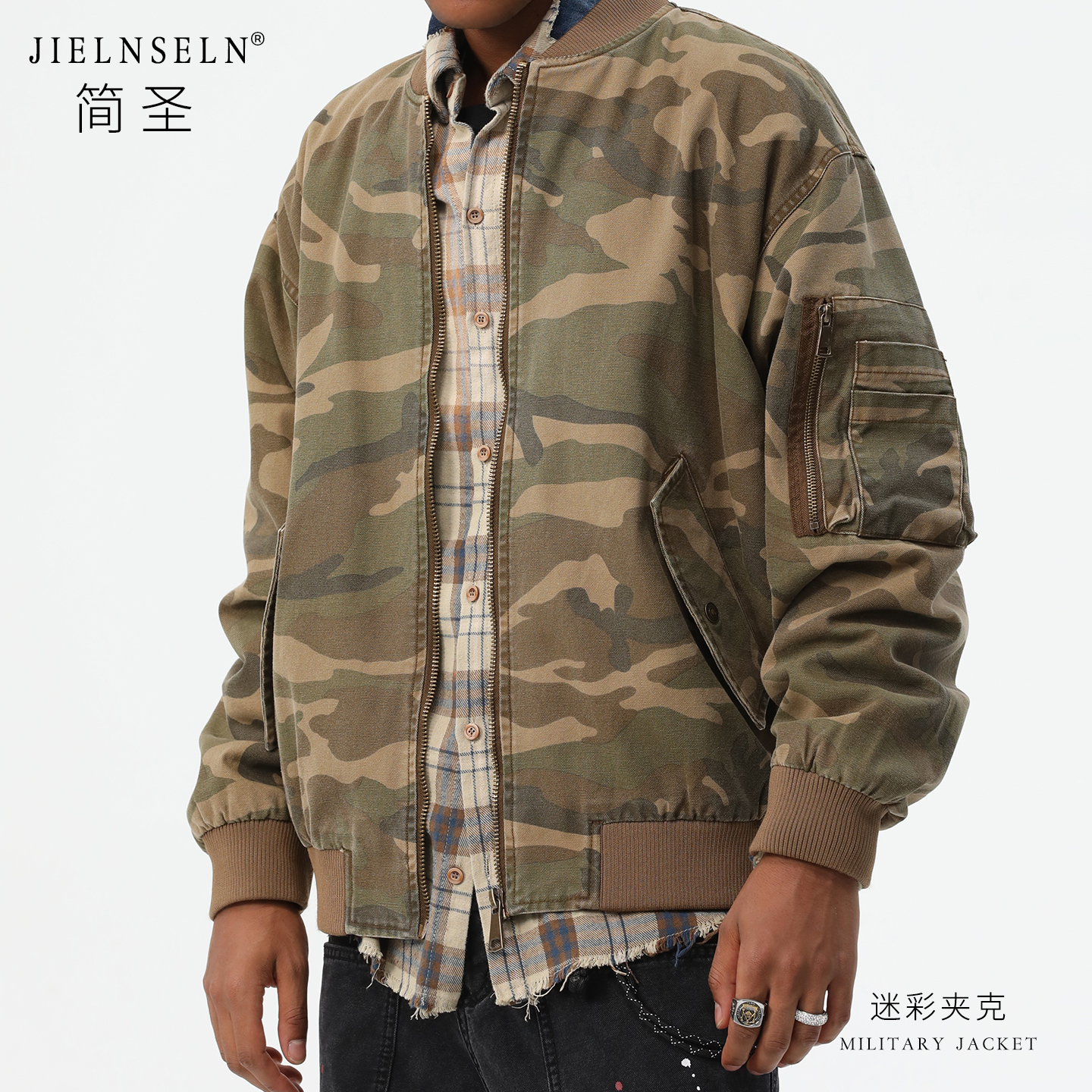 短款迷彩棒球服男装飞行员夹克男