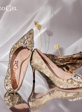 PACO GIL女鞋晚宴鞋春秋新款尖头闪钻婚鞋细高跟鞋浅口职业单鞋女
