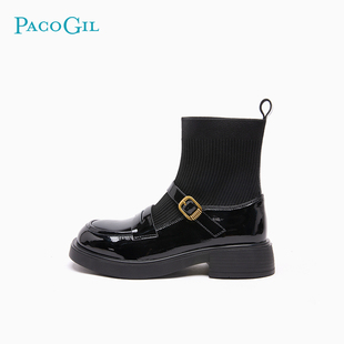 PACO GIL女靴2024冬季新款真皮飞织袜靴弹力靴瘦瘦靴厚底中筒靴靴