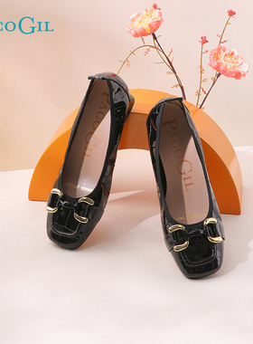 PACO GIL女鞋春夏新款低粗跟舒适金属扣通勤漆皮浅口职业单鞋女