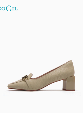 PACO GIL女鞋2025年秋季新款真皮金属方头深口通勤粗跟高跟鞋单鞋