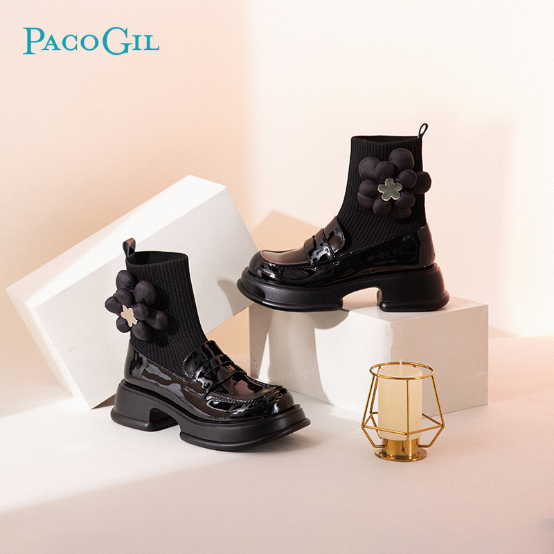 PACOGIL厚底针织牛漆皮马丁靴