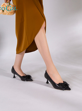 PACO GIL女鞋舒适职业单鞋秋季新款真皮蝴蝶结甜美酒杯跟女高跟鞋