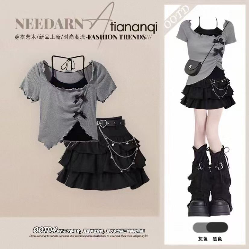 夏装搭配一整套女辣妹灰色不规则短袖T恤吊带蓬蓬蛋糕短裙三件套