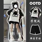 女夏季 2025新款 短袖 休闲运动服套装 T恤短裤 学院风少女跑步两件套