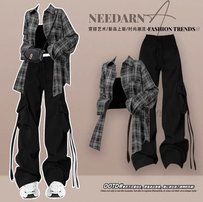 早秋穿搭一整套女格子衬衫三件套