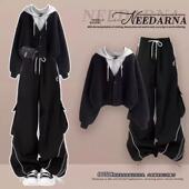 裤 搭配一整套学生高级感假两件连帽卫衣休闲运动工装 两件套装 秋装