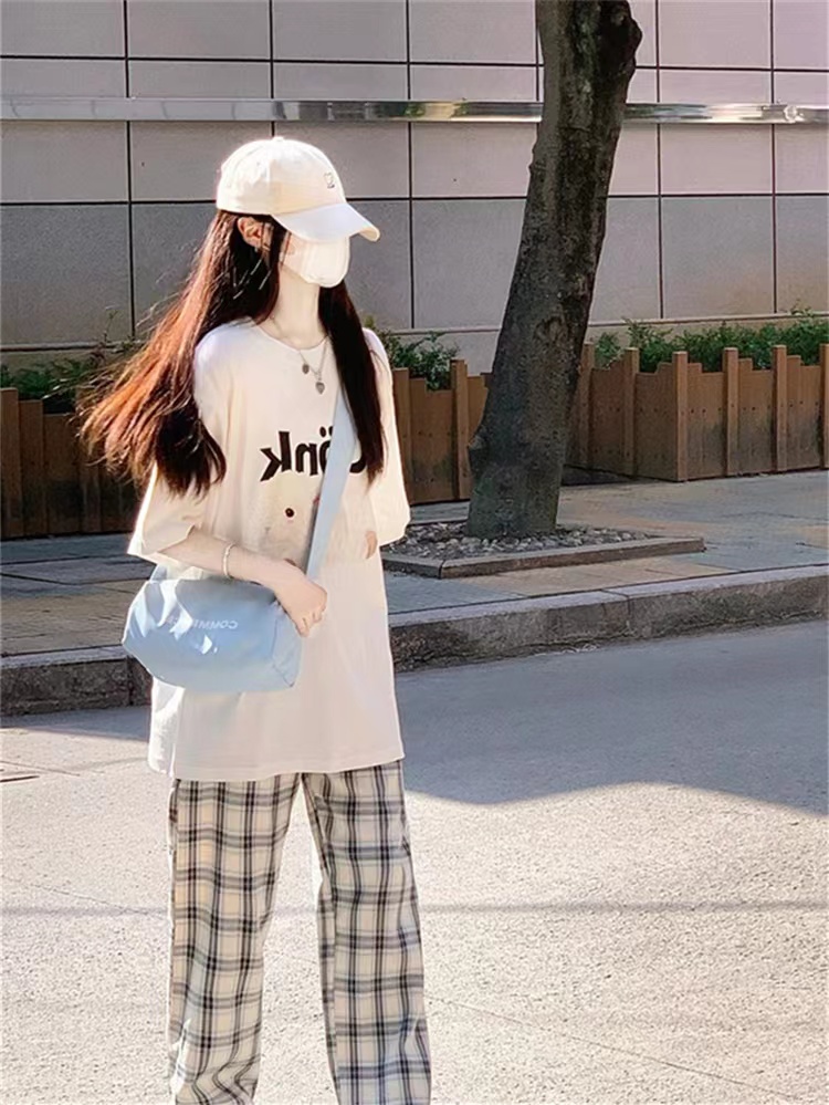 少女学院风休闲运动服套装女夏季薄款短袖长裤可爱清新OOTD两件套