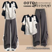 两件套 夏装 T恤炸街工装 搭配一整套女2025新款 裤 学院风polo领短袖