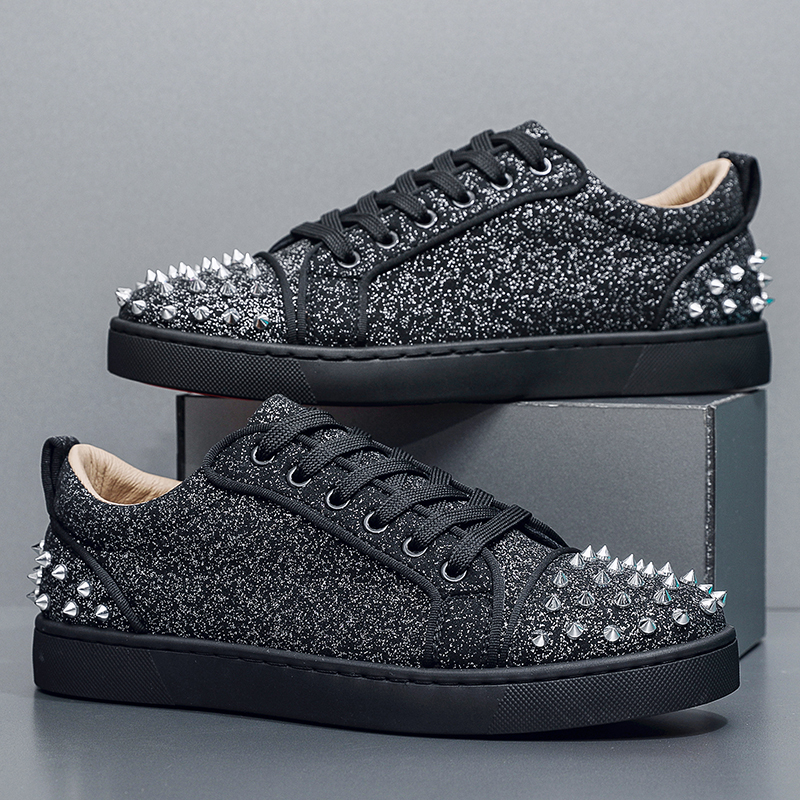 FCS低帮黑色满钻男鞋麂皮系带红底鞋情侣款铆钉水钻板鞋