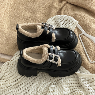 FCS秋冬新款2026韩版复古时尚百搭松糕厚底加绒防滑纯色乐福女鞋