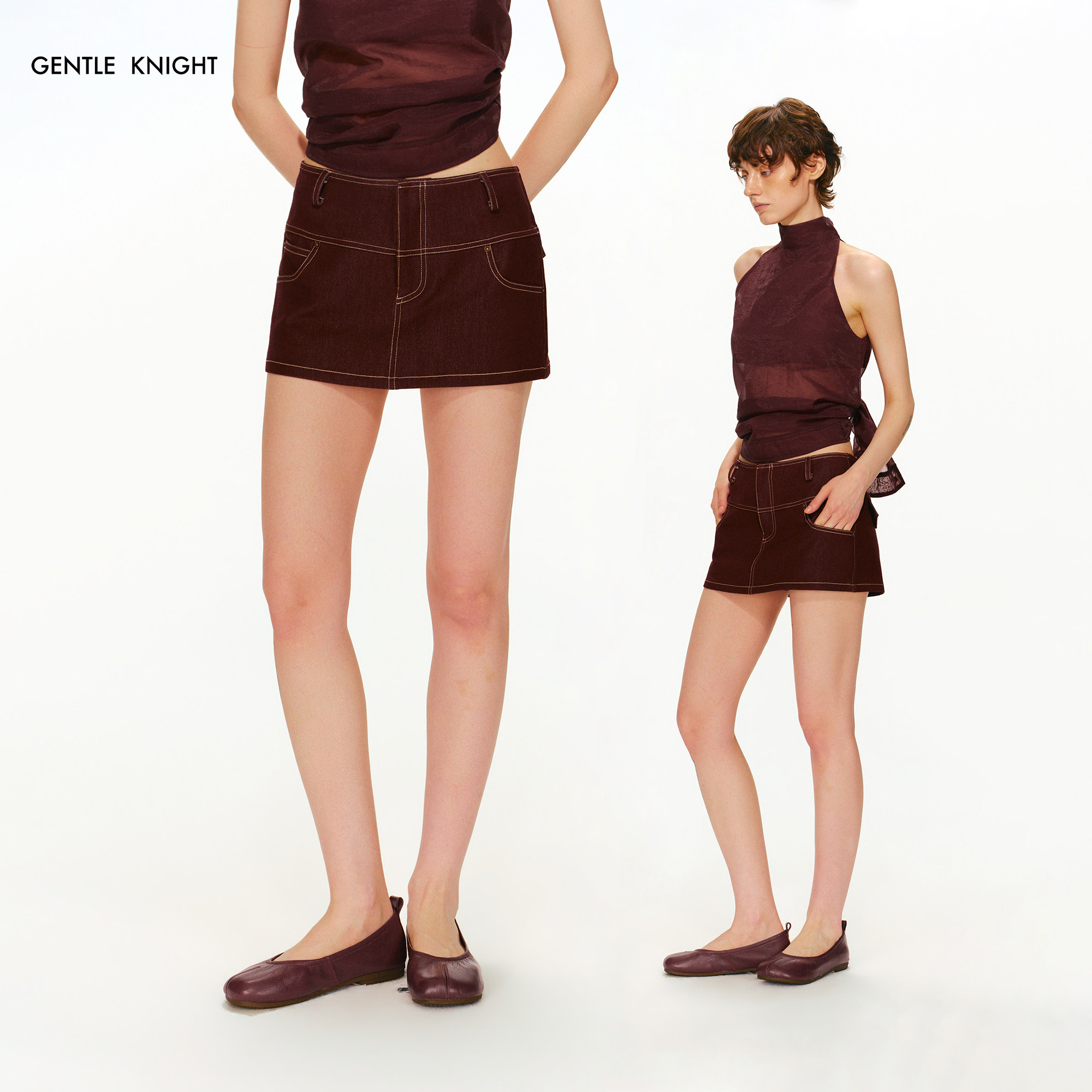 GENTLE KNIGHT 紫红色撞色明线弹力牛仔半身裙女低腰mini短裙裙裤