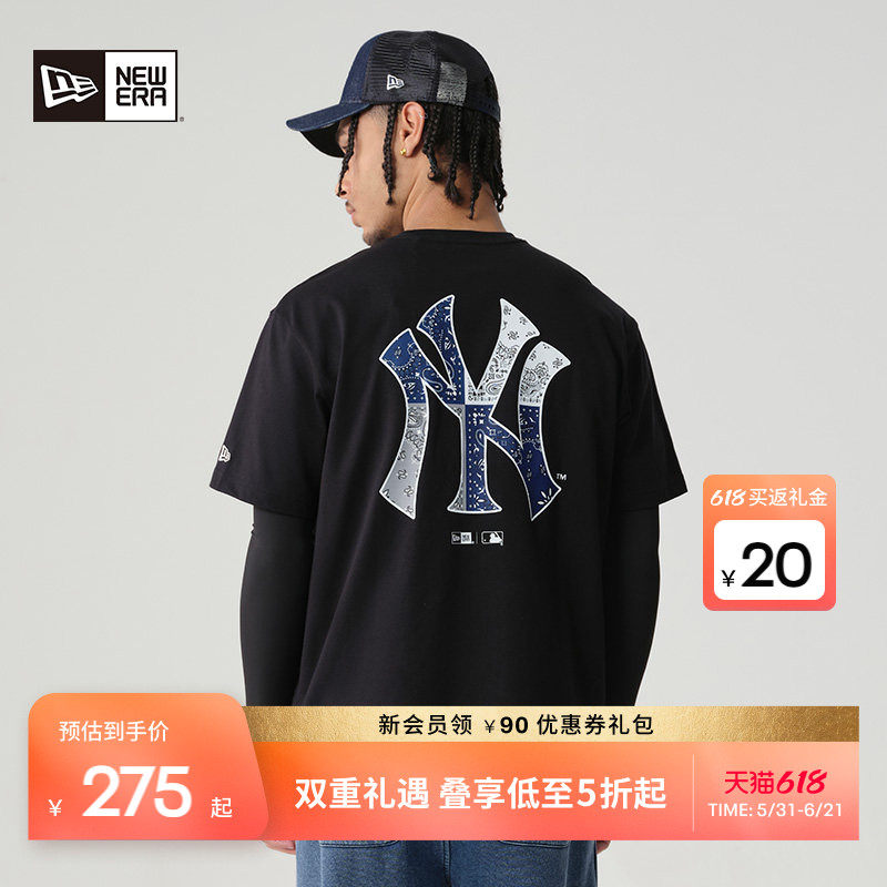 New Era纽亦华夏季MLB腰果花印花短袖T恤男女中性宽松NY