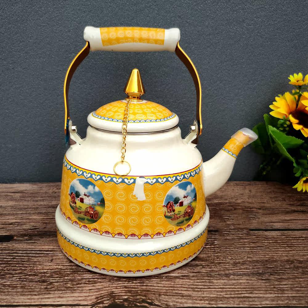 民族风古钟壶蒙餐奶茶壶大容量搪瓷水壶蒙古族酥油茶壶提梁壶单壶