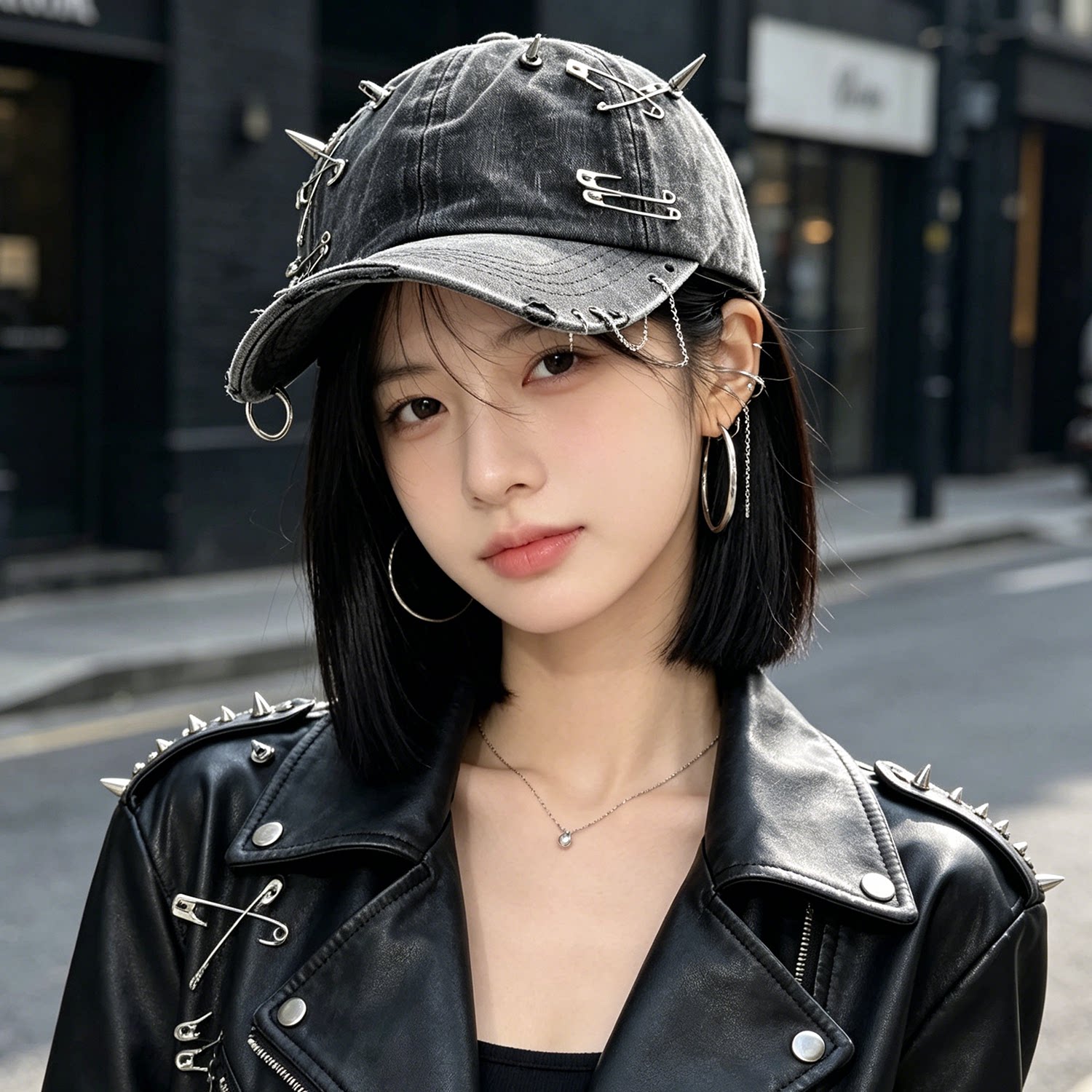 朋克做旧尖刺链条遮阳鸭舌帽