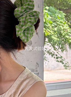 大发试验站 自制棉麻格纹大肠圈森系百搭布艺丸子头发圈少女头绳