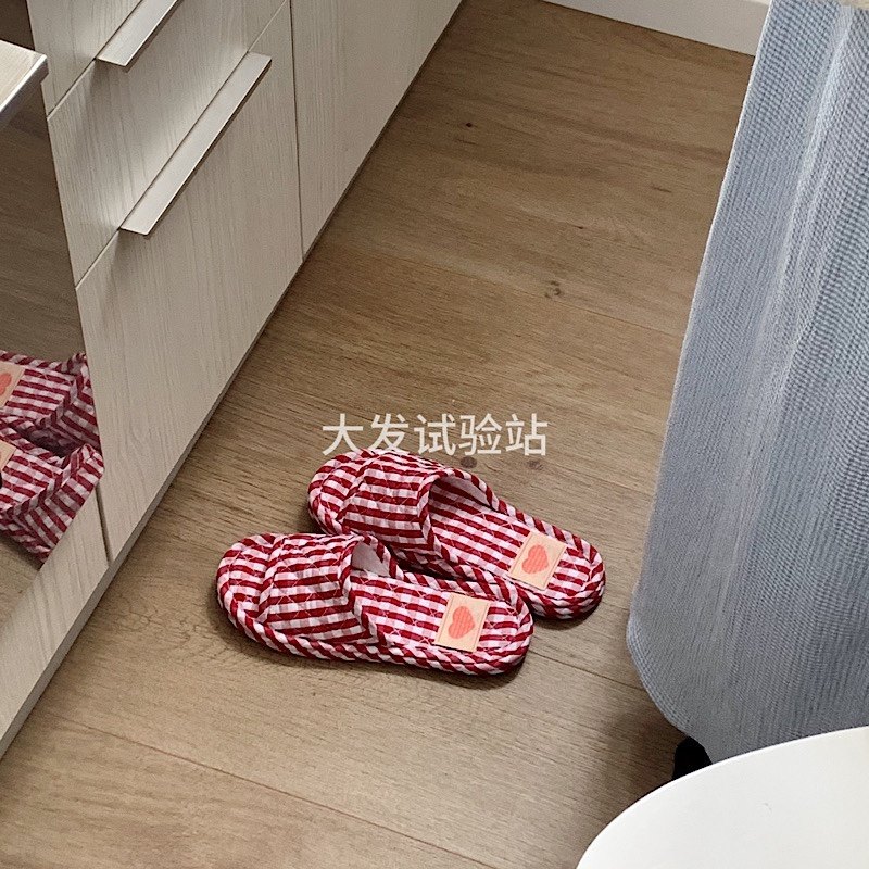 大发试验站 简约格子布衣室内无声静音拖鞋家居防滑韩版棉拖自制
