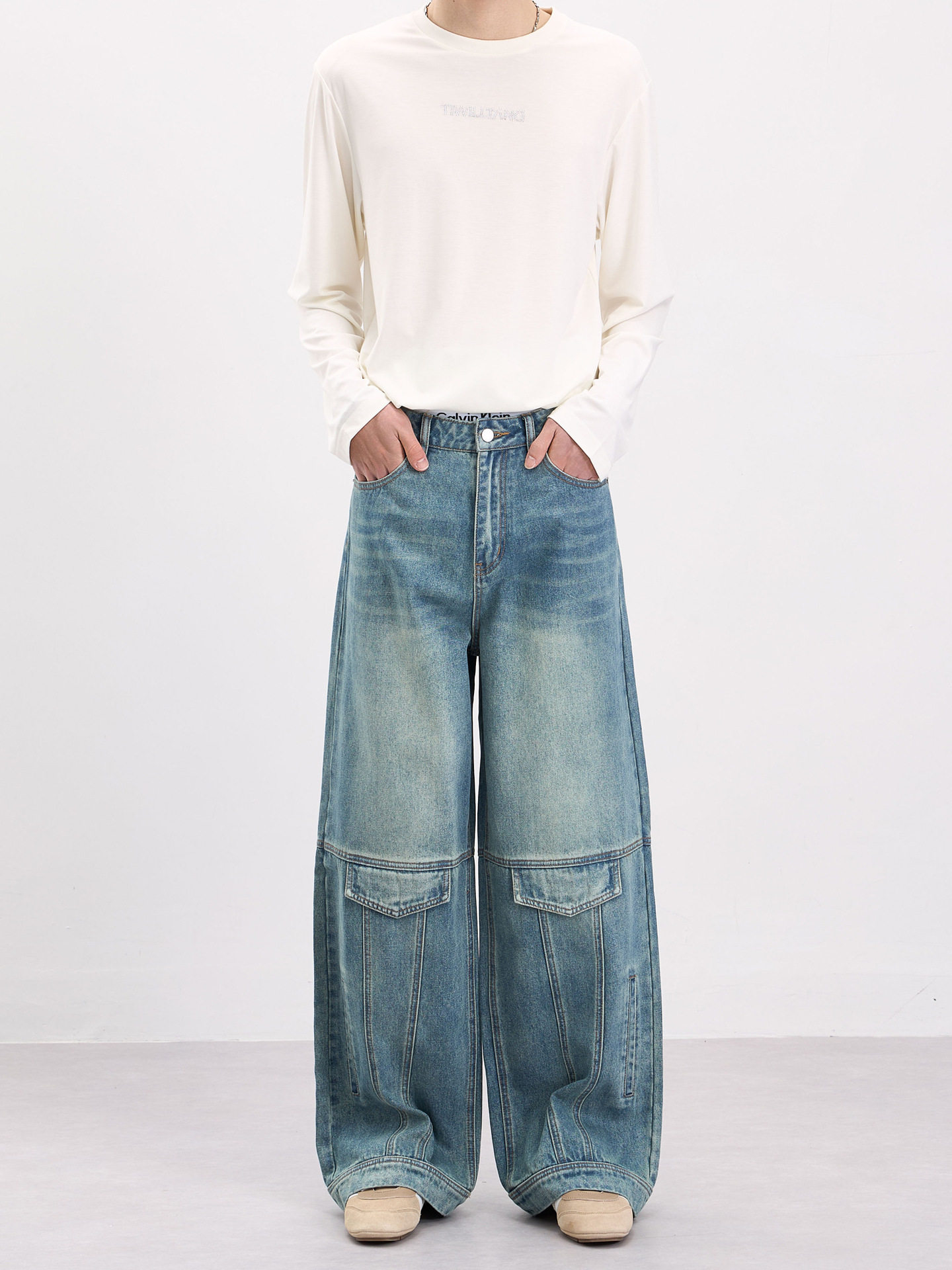 男潮宽松直筒阔腿裤子高街vibe风显瘦牛仔裤复古垂感口袋装饰个性