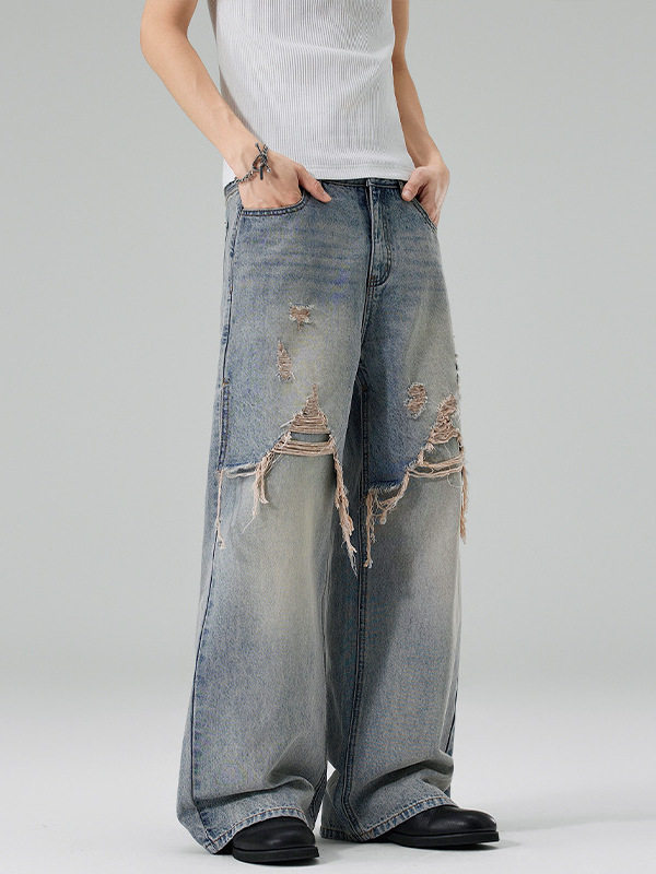 潮新炫酷高街牛仔裤春秋四季男生百搭炸街直筒裤复古宽松版型显瘦