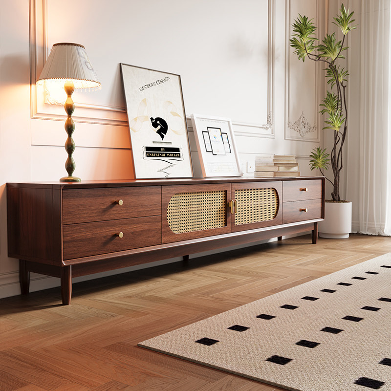 中古风藤编电视柜茶几组合新款复古影视柜家用客厅落地立柜储物柜