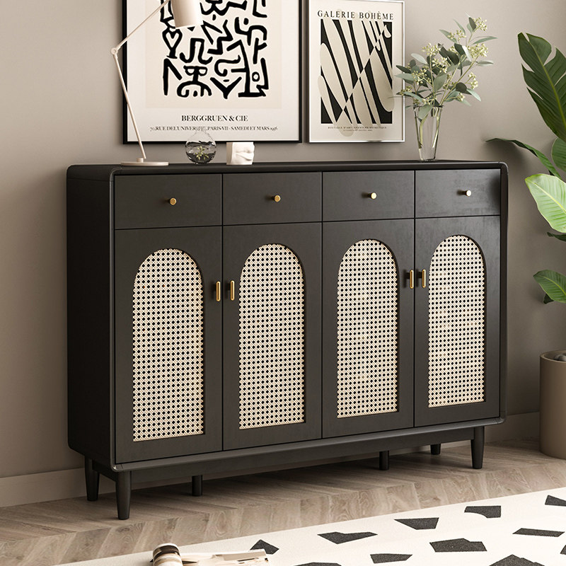 美式藤编鞋柜黑色侘寂风简约现代隔断鞋架靠墙一体入户楼道玄关柜