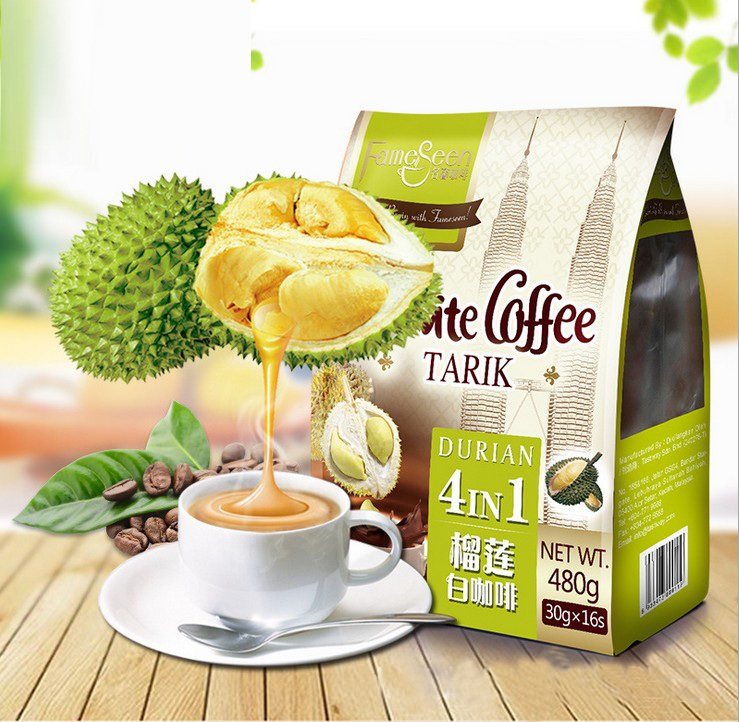 进口马来西亚名馨Fameseen四合一榴莲速溶白咖啡咖啡粉16条*30g