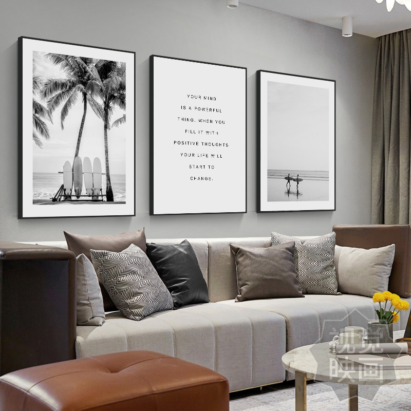 黑白风景装饰画客厅沙发背墙画卧室床头三联挂画海边椰树冲浪壁画,家居饰品,现代装饰画,淘宝优惠券,粉丝福利购,淘宝优惠卷