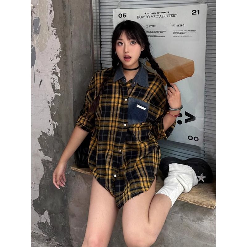美式复古原创高级感外穿格子衬衫女复古宽松百搭早秋黄色格纹衬衣