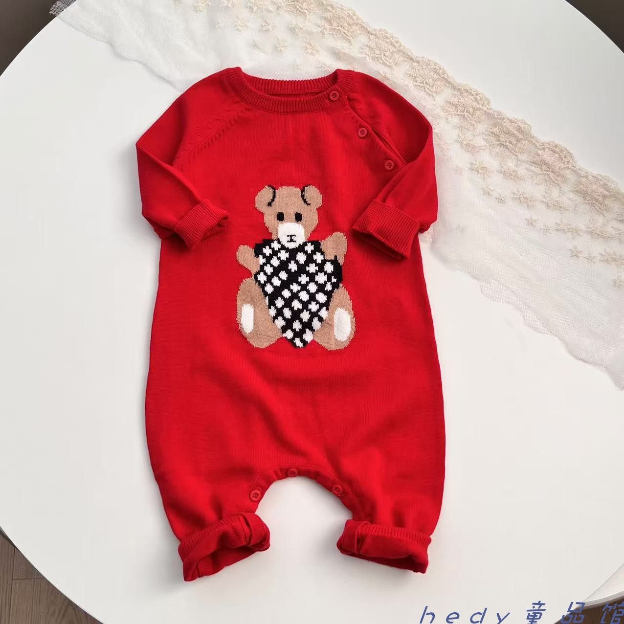 纯棉线婴儿连体衣圣诞大红色元旦节日宝宝百岁哈衣爬服外出连身衣