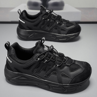 加宽加高厚底轻便宽楦健步鞋 秋冬加厚透气网面鞋 男 宽脚鞋 全黑大码