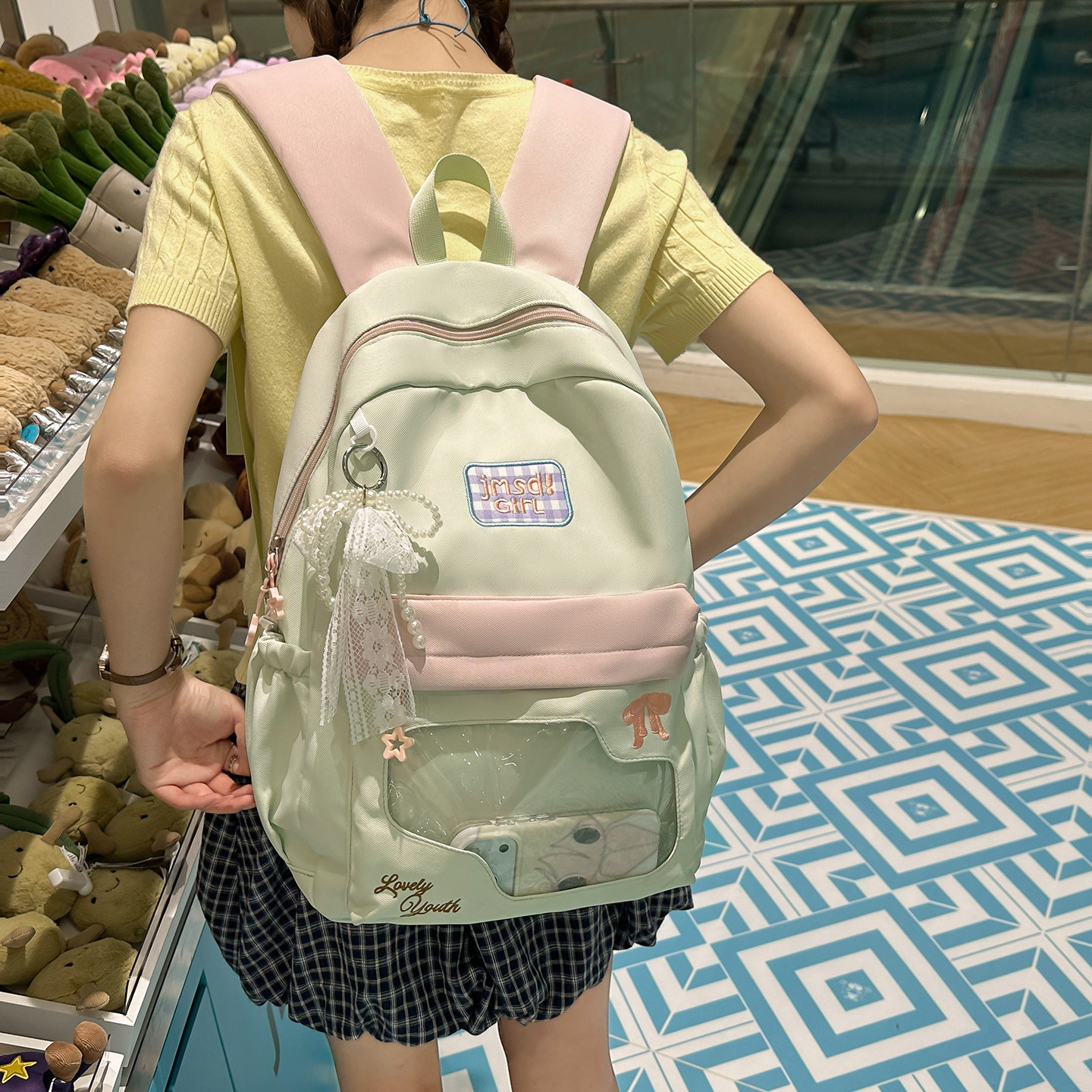 双肩痛包女初中生韩系小众ins风书包女生小学生上课背包有透明层图片