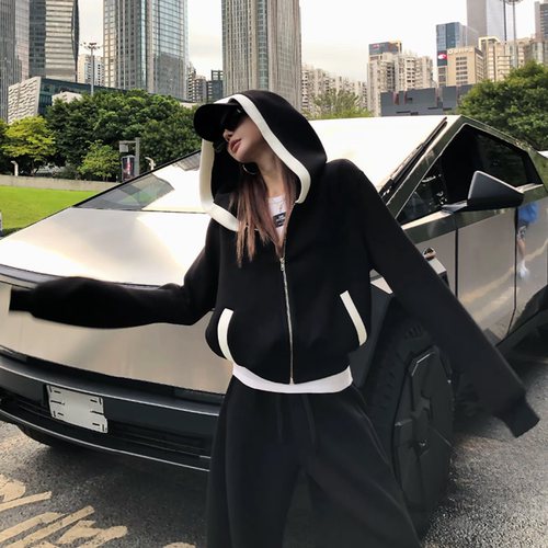炸街撞色高级感连帽卫衣运动套装女春秋韩系宽松显瘦休闲两件套潮