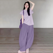 宽松减龄韩系休闲两件套 女夏短袖 网红多巴胺一整套阔腿裤 运动套装