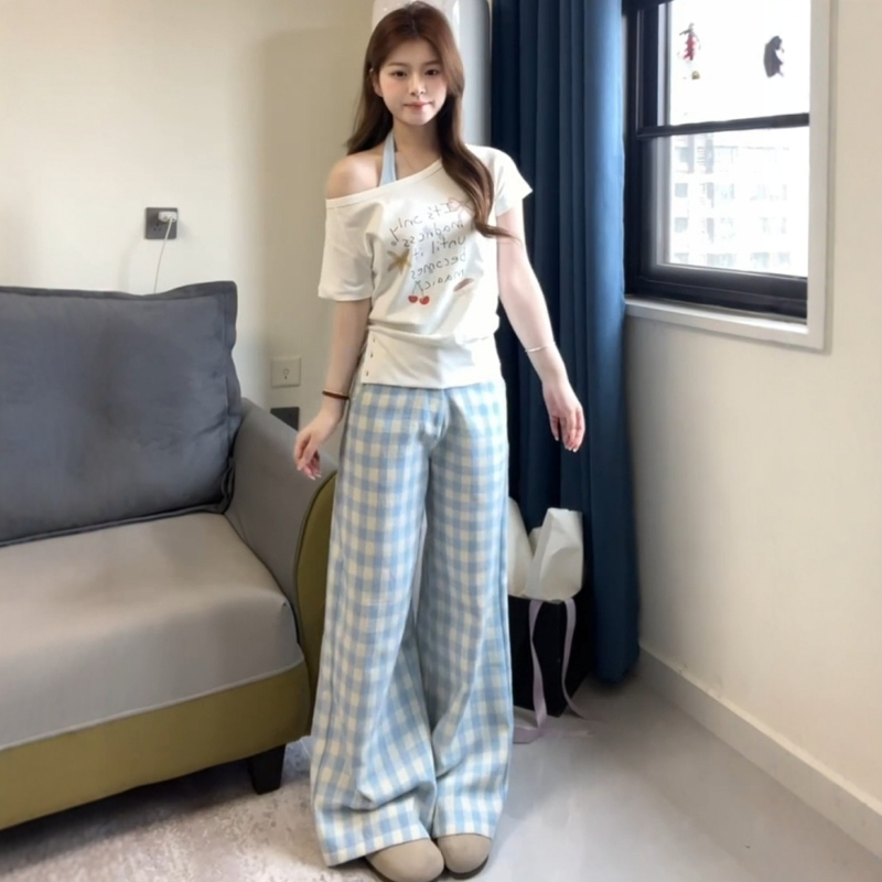 港风复古斜肩T恤套装女夏宽松韩系格子阔腿裤休闲运动两件套学生