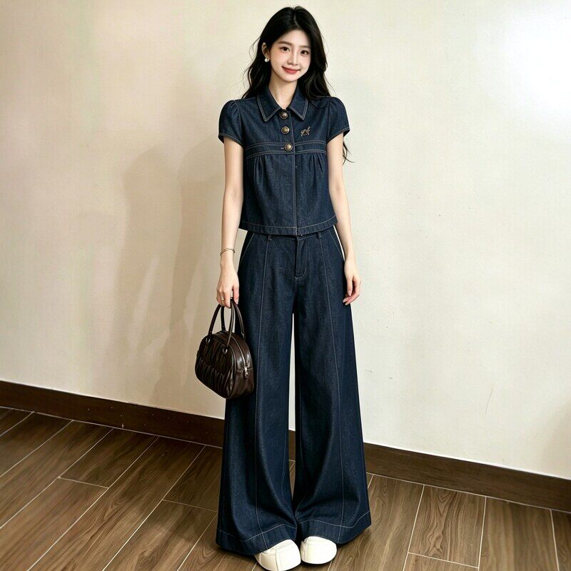 高级感牛仔一整套运动套装女夏韩系复古阔腿裤宽松显瘦休闲两件套图片