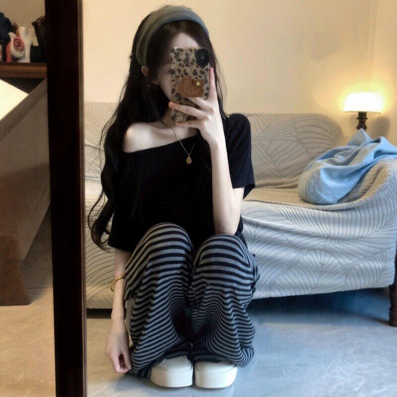 复古慵懒风休闲斜肩套装女夏季宽松显瘦韩系条纹阔腿裤运动两件套图片
