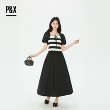 P&X【新古典主义】 法式连衣裙新款2025夏气质收腰黑白拼接套装裙