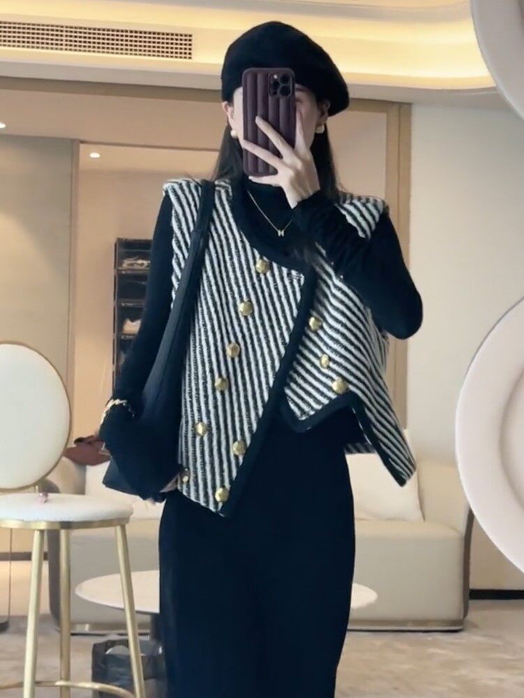 2023 AUTUMN NEW HIGH-END SENSE OF SMALL FRAGRANCE WIND IRREGULAR DIAGONAL STRIPE VEST WOMENS DESIGN SENSE NICHE CHIC COAT