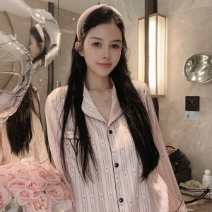 小众轻奢级条纹粉色字母睡衣女冰丝2024年春秋季真丝绸夏款家居服