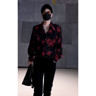 春季新品满天星烫金烟花印花宽松垫肩衬衫设计感长袖潮流百搭衬衣