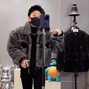 潮流冬季新品仿貂毛拼接撞色短款休闲百搭夹克外套男宽松痞帅上衣