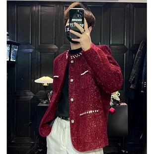 高级感红色小香风夹克镶钻设计粗花呢男新年潮流时尚宽松垫肩外套