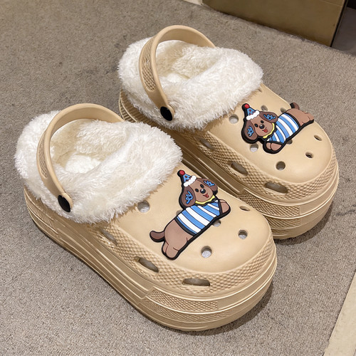 秋冬季高跟9CM加绒洞洞鞋女拍婚纱照增高神器拖鞋松糕鞋厚底婚鞋