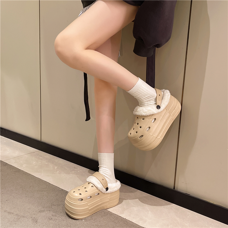 秋冬季高跟厚底加棉加绒8cm洞洞鞋女小个子增高医用上班包头鞋女