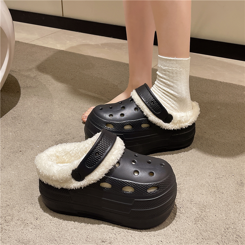 新娘鞋冬季高跟加棉加绒8cm洞洞鞋女小个子增高医用上班包头鞋女