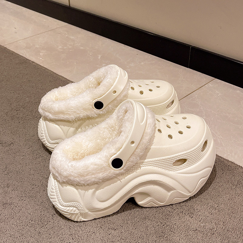 加绒高跟10CM洞洞鞋女厚底增高EVA外穿保暖卡通毛绒居家棉拖鞋女